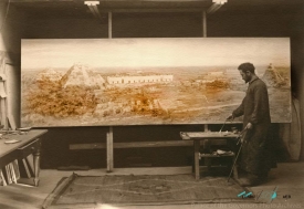 Carlos Vierra working on his  bird s eye painting of the Maya city of Uxmal