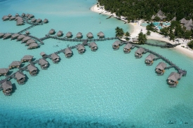 aerial view of overwater bungalows